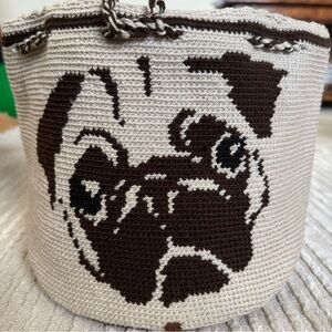 Pug Dog Tote Shoulder Bag Brown/ Black HANDMADE